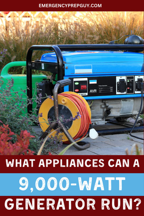 A blue emergency generator with an orange extension cord, showcasing ideas for appliances powered by a 9,000-watt generator. Emergency Generator, Emergency Power, Power Generator, Emergency Prepping, What Type, Do You Need, Refrigerator, Start Up, Highlights