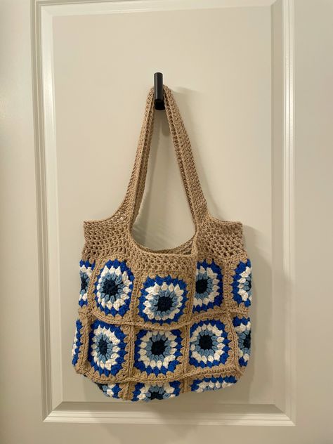 Evil Eye Granny Square Bag, Crochet Evil Eye Granny Square, Evil Eye Granny Square, Eye Granny Square, Crochet Evil Eye, Evil Eye Bag, Granny Square Tote, Yarn Tote, Crocheted Bags