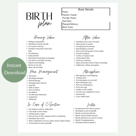 Design your own personalized birth plan with this simple and easy template. A birth plan is a way for you to communicate your wishes with your doctor, midwife and/or doula. This template allows you to easily share a copy of your completed birth plan with your healthcare provider so that they are aware of your wants and needs. Birth is a beautiful and empowering experience,  and having a plan that you feel confident in is important! PLEASE NOTE: This is a digital download - no physical product wi Printable Birth Plan Template, At Home Birth Plan, Birth Plan Template Editable Free, Hospital Birth Plan Template, Birth Plan Uk, Birth Plan Template Printables Free, Birthing Plan Checklist, C Section Birth Plan, Birth Plan Examples