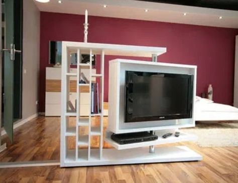 Half Wall Ideas, Tv Unit Design Modern, Swivel Tv Stand, Sliding Room Dividers, Modern Room Divider, Living Room Partition Design, Room Partition Designs, Tv Unit Design, Mobile Tv