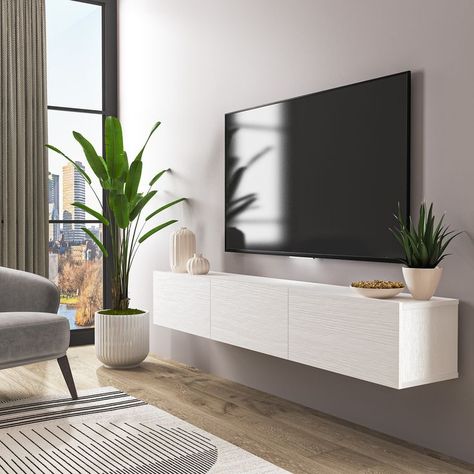 Modern sleek design for your living room.Affordable and unique !! Tv Wall Mounted, Minimalist Tv Stand, Floating Media Console, Wall Mounted Media Console, Floating Entertainment Center, Tv Stand Decor, Modern Tv Wall, Floating Tv Stand, Floating Tv