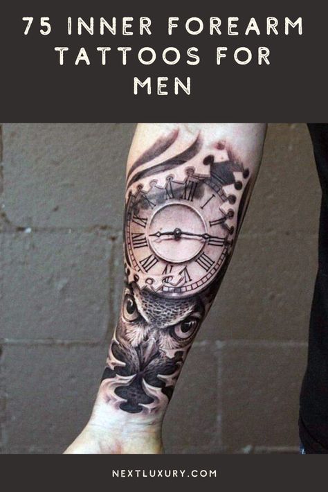 There is a lot of suave initiative shown in a perfectly presented inner forearm tattoo. To make a big name for your body art inclinations, this is sincerely the top way to go.For a wittily metropolitan approach to ink, guys are testing the waters with inner forearm tattoos. #nextluxury #tattooideas #tattoodesigns Cool Men Forearm Tattoos, Inner Forearm Cover Up Tattoo Men, Inner Forearm Tattoo Sleeve, Posterior Forearm Tattoo, Inner Sleeve Tattoo Men, Inner Forearm Tattoo Cover Up, Wrist Tattoo Cover Up Ideas For Men, Forearm Coverup Tattoo Design For Men, Men’s Forearm Sleeve