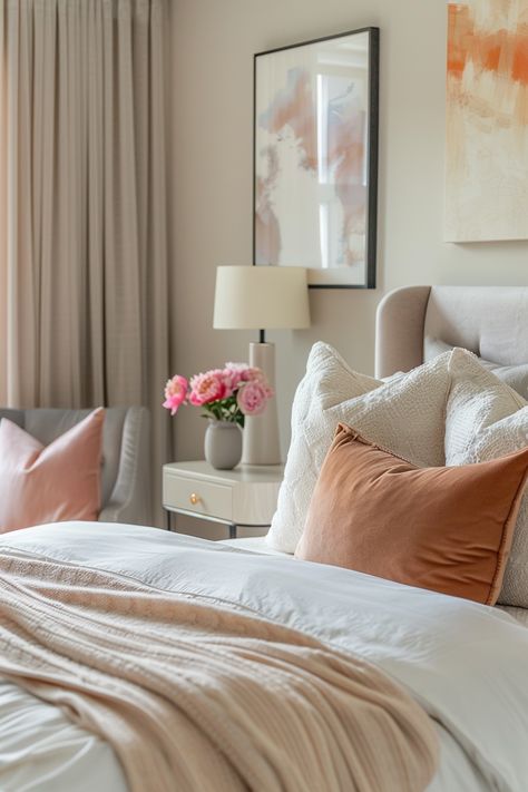 Transform Your Bedroom: Elegant Decor Ideas for a Soothing Sanctuary Neutral Bedroom With Blush Accents, White Bedding With Blush Pink, Feminine Bed Side Lamps, Pale Pink Bed Throw, Blush Bedding Elegant Duvet, Textured Throw Blanket, Modern Nightstand, Elegant Decor, Bedroom Apartment