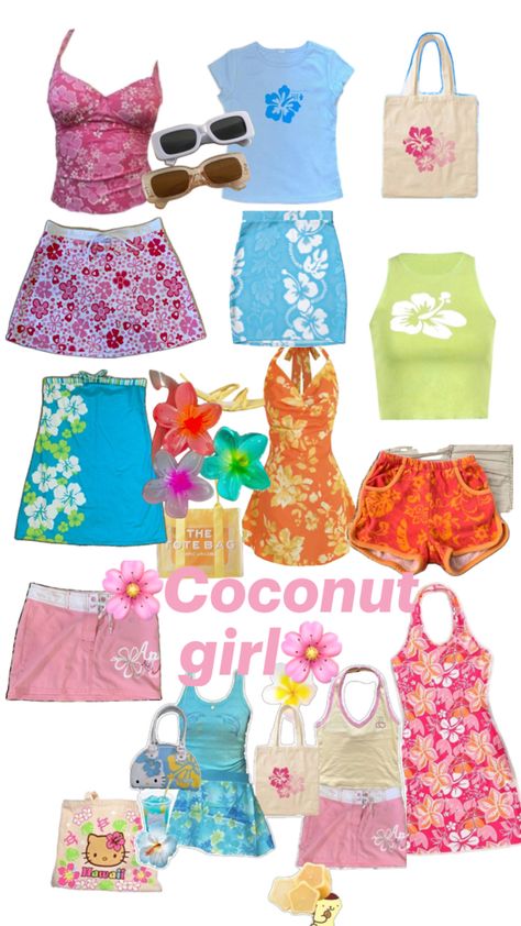 Outfits To Wear In Hawaii Summer, Tropical Cute Outfits, Hawaii Vibes Outfit, Hawaii Core Outfits, Cute Girly Outfits Aesthetic Summer, Summer Outfit Tropical, Summer Barbie Aesthetic, Coconut Girl Summer Outfits, Tropical Core Clothes