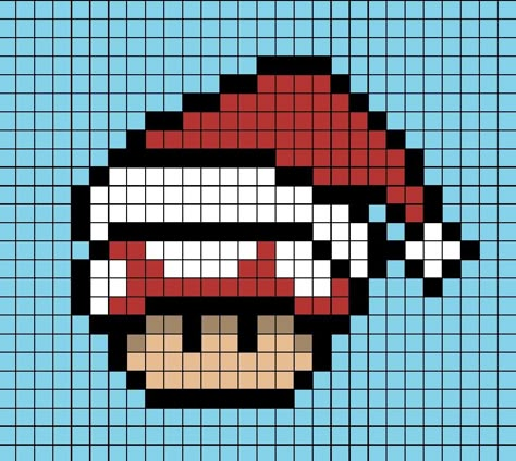 A festive pixel art template of a Mario mushroom with Santa's hat on. Pixel Art Pattern Christmas, Mario Mushroom Pixel Art, Mushroom Pixel Art, Pixel Art Noel, Mushroom Pixel, Holiday Crafts Halloween, Christmas Pixel, Pixel Beads, Tiny Cross Stitch