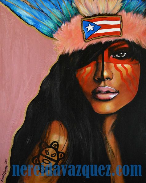 "Under the Taino Sun" Acrylic on canvas, 24 x 36", by Nereida Vazquez for Puerto Rican Parade Latino art Gallery  www.nereidavazquez.com  #prparadelatinoart #art #cocoroom #taino #boricua Tattoo Women, Back Tattoo Women, Cash App, Puerto Rican, Back Tattoo, Puerto Rico, Native American, Flag, For Sale