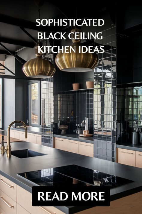 Modern kitchen with sleek black ceiling, gold pendant lights, and a minimalist island, promoting design ideas. Black Ceiling Kitchen Ideas, Black Ceiling Kitchen, Black Ceilings, Kitchen Ceilings, Kitchen Flooring Trends, Kitchen Tile Inspiration, Ensuite Bathroom Designs, Industrial Chic Kitchen, Rustic Industrial Kitchen