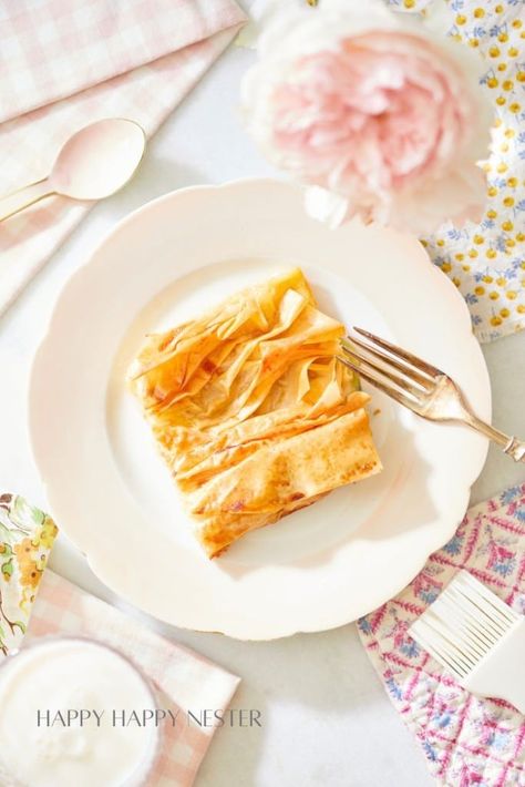 phyllo dough crinkle cake serving sitting on a pink plate with a fork Crinkle Cake, Trending Desserts, Apple Custard, Pink Plate, Brunch Desserts, Cake Serving, Egg Custard, Phyllo Dough, Pastry Dough