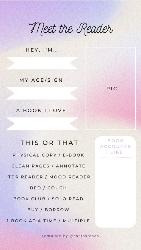 About The Reader Template, Meet The Reader Template, Meet The Board Instagram Post, Book Templates Instagram, Bookish Template Instagram, Bookish Instagram Story Template, Tbr Template Instagram, Book Instagram Template, Currently Reading Template Instagram