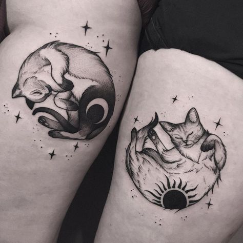 Cat Sun And Moon Tattoo, Blackwork Cat Tattoo, Cat Sun Tattoo, Cat And Sun Tattoo, Sun Cat Tattoo, Ying Yang Cat Tattoo, Moon Tattoo Women, Goth Cat Tattoo, Dark Matching Tattoos