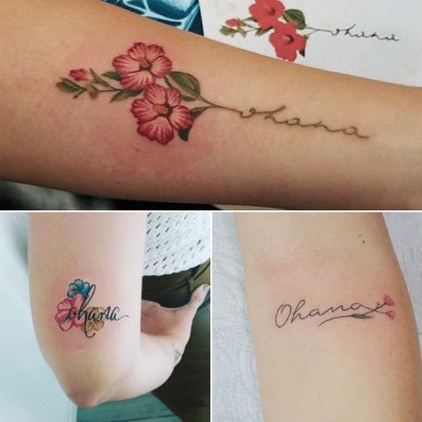 Best Ohana Tattoo Ideas - Family Tattoo - PositiveFox.com Ohana Hibiscus Tattoo, Ohana Flower Tattoo, Ohana Tattoo Ideas For Women, Ohana Tattoo With Flower, Ohana Tattoo Ideas Families, Small Hawaiian Tattoo, Ohana Tattoo Ideas, Tattoos For Childrens Names, Aloha Tattoo