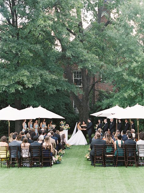 Outdoor wedding ceremony with white umbrellas at Merrimon Wynne House venue. Outside Wedding Ceremonies, Merrimon Wynne, Wedding Ceremony Chairs, Ceremony Chairs, Umbrella Wedding, Jar Design, Destination Wedding Photos, Outside Wedding, Magical Wedding