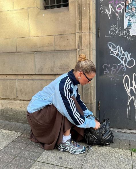 Navy Blue Jacket Outfit, Adidas Jacket Outfit, Blue Skirt Outfits, Trainers Outfit, Beautiful Features, Midi Skirt Outfit, Adidas Tracksuit, Black Jeans Outfit, The Scout