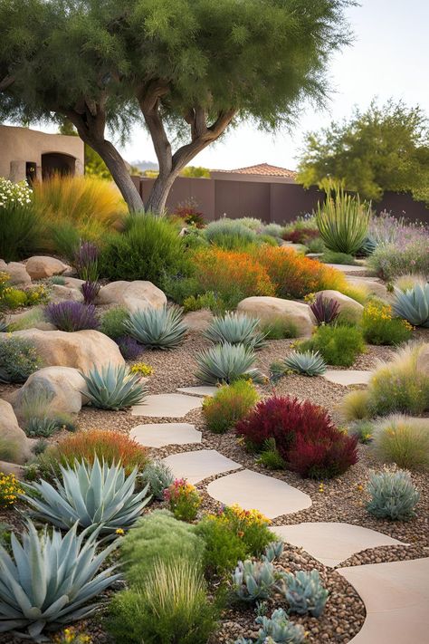 Drought tolerant ground cover flowers in front yard landscaping with low water plants Front Yard Ideas Modern, Landscapes Front Yard, Drought Tolerant Front Yard, Ground Cover Flowers, Desert Landscape Front Yard, Drought Tolerant Landscape Front Yard, Landscape Front Yard, Full Sun Landscaping, Ornamental Grass Landscape