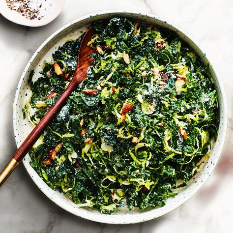 Kale and Brussels Sprout Salad Recipe Recipe | Epicurious Brussel Sprout Salad Recipes, Thanksgiving Salad Recipes, Thanksgiving Salad, Side Salad Recipes, Sprout Salad, Hearty Lunch, Shredded Brussel Sprouts, Sprouts Salad, Brussel Sprout Salad