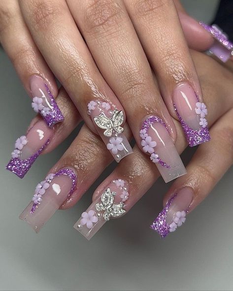 Spring Nails Dark Skin, Spring Nails Dark, Nails Dark Skin, Sweet 16 Nails, Quince Nails, Quinceanera Nails, Purple Glitter Nails, Nails Dark, Lilac Nails