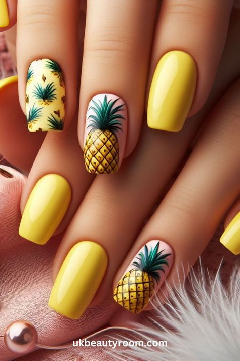 Disney Hawaii Aulani Nails, Nail Colors For The Beach, Camping Nails Designs, Tropical Nails Design, Tropical Nail Ideas, Tropical Summer Nails, Pineapple Nail Design, Honeymoon Nails, Aloha Nails