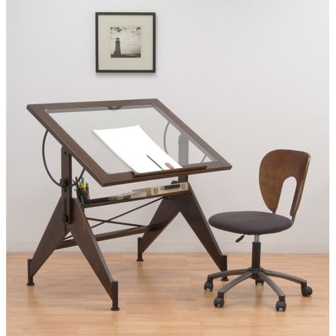 Studio Designs Aries Glass Drafting Table & Reviews | Wayfair Wood Drafting Table, Vintage Drafting Table, Table Drawing, Drawing Desk, Drafting Table, Furniture Board, Drawing Table, Wood Desk, Glass Top Table