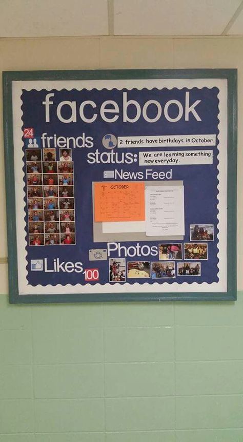 Facebook bulletin board Billeting Board Ideas, Facebook Bulletin Board, Instagram Bulletin Board, Grade 8 Classroom, Class Theme Ideas, School Board Ideas, Crafts For The Classroom, Social Media Theme, Focus Boards