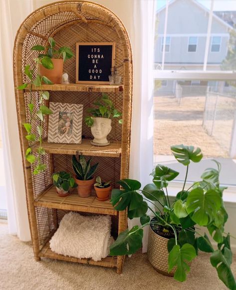 Styling Rattan Shelf, Wicker Shelves Decor, Arch Rattan Shelf, Wicker Home Decor Ideas, Wicker Arch Shelf, Wicker Bookshelf Styling, Rattan Bookshelf Styling, Wicker Home Decor, Rattan Shelf Decor