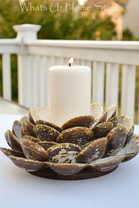 clam shell candle holder, Minwax wood finishing clothes project Diy Clam Shell, Nautical Thanksgiving, Candle Shell Diy, Candles In Shells, Clam Shell Decoupage, Seashells Candle, Clam Shell Candle, Shell Candle Holder, Clam Shells