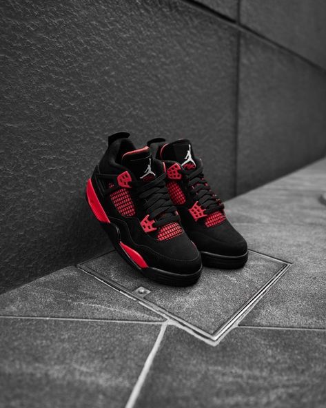 Jordan 4 Shoes, Jordan 4 Red Thunder, Jordan 4 Red, Red Thunder, Red Jordans, Jordan Retro 4, Red Trainers, Nike Shoes Girls, Nike Fashion Shoes