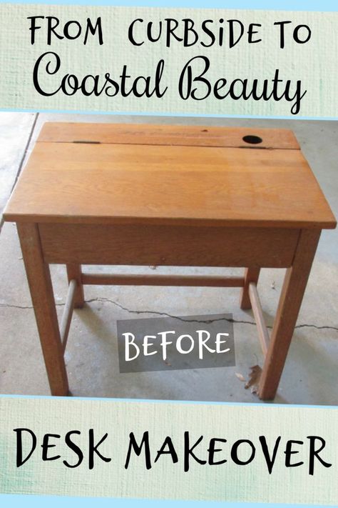 I found this desk on the curb and gave it a complete makeover that is coastal chic!  It's a perfect accent table with definite style!  Repurposing furniture allows you to customize your furniture to fit your home decor style.  Get thrifting! #howto #diy #diys #craft #crafts #crafting #ad #handmade #homedecor #decor #makeover #makeovers #redo #repurpose #reuse #recycle #recycling #upcycle #upcycling #unique #furniture #furnituremakeover #furnitureredo #thrifting #thriftstore School Desk Makeover, Old School Desk, Old School Desks, Decor Makeover, Stripping Furniture, Unicorn Spit, School Desk, Desk Makeover, Coastal Chic