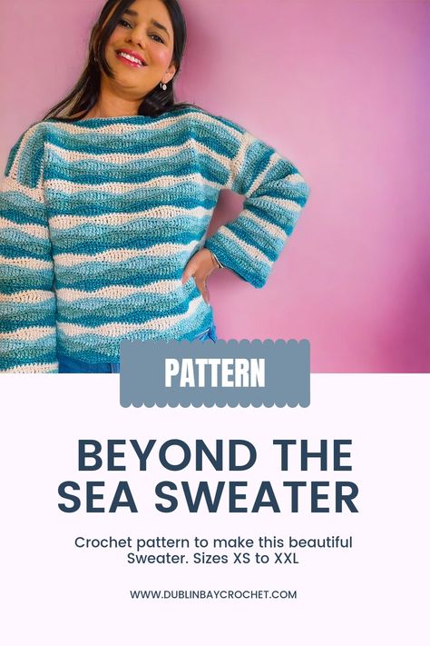 Crochet sweater with waves that look like the ocean Crochet Waves, Sea Crochet, Sweater Pattern Crochet, Wave Stitch, Wave Sweater, Crochet Sweater Pattern, Beyond The Sea, Stitch Shirt, Crochet Clothing