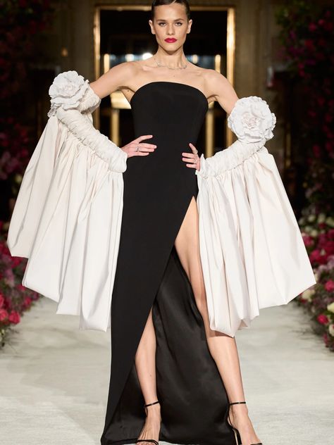 Strapless Cascading Rose Sleeve Gown High Fashion Ball Gown, Black And White Runway Fashion, High Fashion Dresses Couture, Horror Couture, Avant Garde Fashion Couture, One Sleeve Gown, Black Capsule Wardrobe, Flower Sleeves, Detached Sleeves