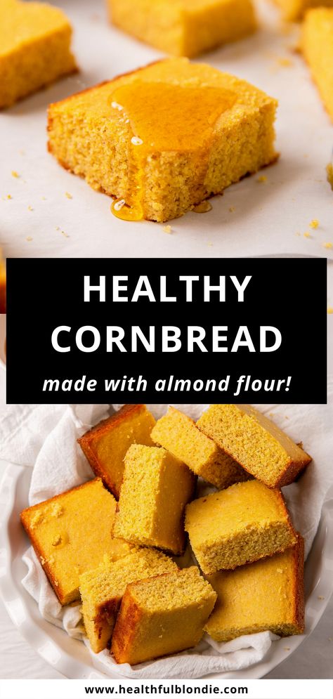 Best ever healthy cornbread recipe made gluten free with almond flour. It is moist and buttery with crisp edges; so good that it tastes better than the real thing! Almond Flour Thanksgiving Desserts, Aip Cornbread, Almond Flour Cornbread, Healthy Cornbread Recipe, Cornbread Gluten Free, Low Carb Cornbread, Gluten Free Cornbread Recipe, Healthy Cornbread, Blondie Recipes