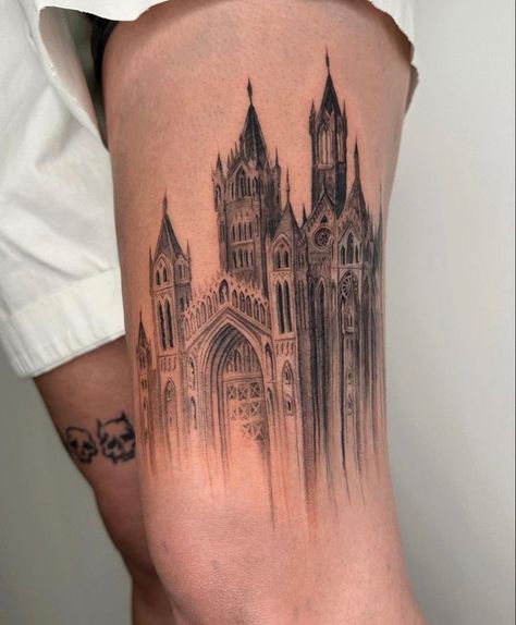 Cathedral Tattoo, 16 Tattoo, Castle Tattoo, Sigil Tattoo, Gothic Tattoo, Architecture Tattoo, Tattoo Style Drawings, Leg Sleeve, Dark Tattoo