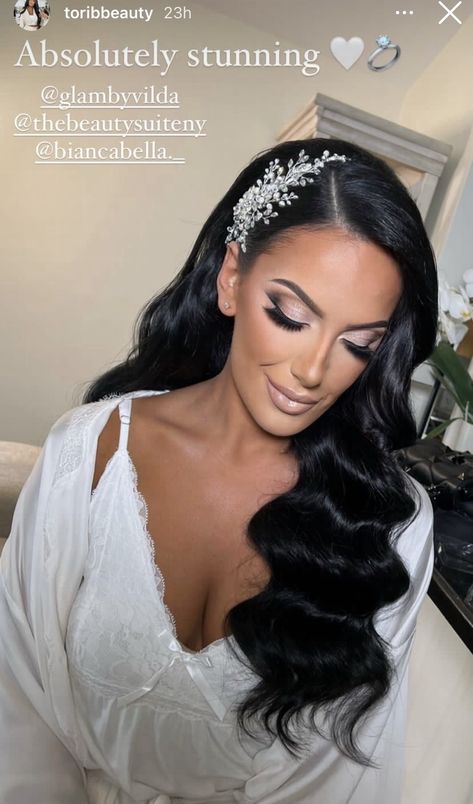 Wedding Hair Black Hair Down, Black Bride Hairstyles Weave, Bride Hair With Headpiece, Hollywood Curls With Hair Piece, Weeding Idea Dress, Black Hair Hairstyles Wedding, Bride With Black Hair, Bride Hairstyle 2023, Dramatic Bridal Hair