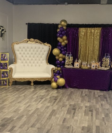 Purple and gold backdrop Purple And Gold 1st Birthday Party, Gold Silver Purple Party, Purple And Gold Backdrop Ideas, Purple And Gold Birthday Party Ideas, Purple Gold White Birthday Party, Purple Gold Graduation Party Ideas, Purple And Gold Themed Birthday Party, Purple And Gold Party Ideas, Purple And Gold Balloon Garland