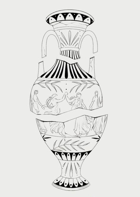 Greek Mythology Vase Tattoo, Greek Vase Illustration, Ancient Greek Vase Tattoo, Greek Amphora Tattoo, Broken Vase Illustration, Greek Vase Drawing, Alabaster Jar Tattoo, Amphora Tattoo, Greek Bust Tattoo