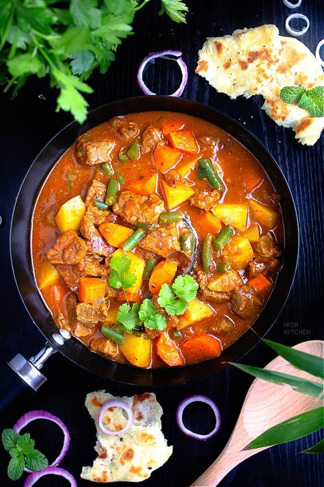 Indian Beef Stew | Video | NISH KITCHEN Indian Beef Stew, Indian Beef Stew Recipe, Beef Stew Spices, Beef Stew Video, Easy Beef Stew Recipe, Easy Beef Stew, Curry Stew, Homemade Comfort Food, Homemade Curry