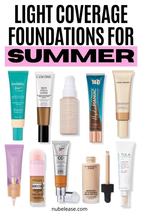 The Best Light Coverage Foundations for Summer: The best foundation for your summer makeup looks include classic foundations, tinted moisturizers, BB Creams, and CC Creams. Check out the list! Best Light Weight Foundation, Best Light Foundation, Best Medium Coverage Foundation, Cc Cream For Oily Skin, Best Foundation For Combination Skin, Caramel Skin Tone, Bb Or Cc Cream, Foundation For Sensitive Skin, Summer Foundation