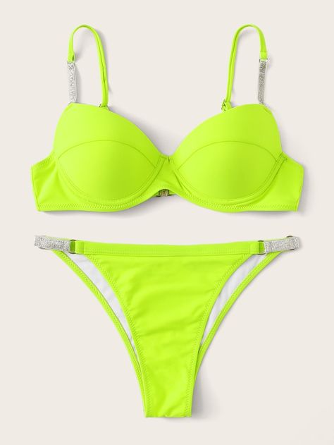 Neon Lime Underwired Top With Glitter Strap Bikini | SHEIN Neon Bra, Footed Leggings, Bright Fabrics, Green Swimsuit, Strap Top, Beachwear For Women, Bras And Panties, Lime Green, Neon