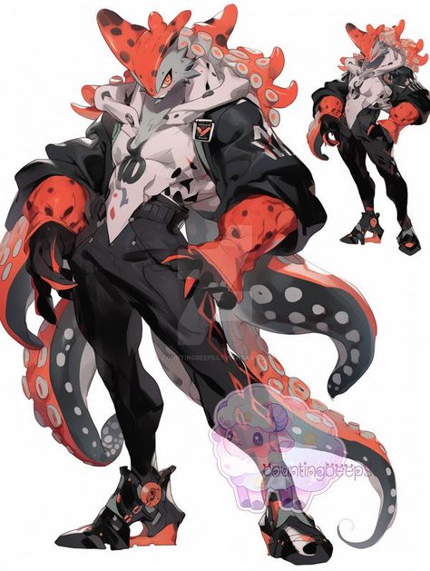 Fish Monster Character Design, Octopus Human Hybrid, Octopus Fursona, Squid Person, Squid Character Design, Fish Person Character Design, Fish Fursona, Squid Oc, Squid Monster