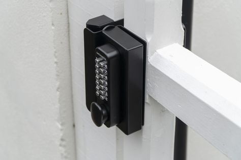 Keyless Gate Lock, Fence Gate Lock Ideas, Gate Locks Outdoor Ideas, Gate Locks Outdoor, Wooden Fence Gate, Barnyard Door, Keypad Door Locks, Vinyl Gates, Backyard Gates