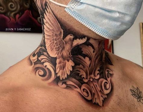 Neck Memorial Tattoo, Mens Full Neck Tattoo, Full Neck Tattoo For Guys Drawings, Mens Filigree Tattoo Neck, Filigree Neck Tattoo, Shoulder Tattoo Designs, Mens Floral Chest Tattoo, Throat Rose Tattoo, Black Guy Neck Tattoo