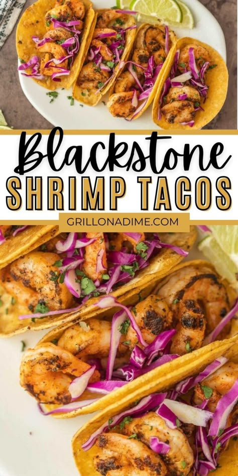 Blackstone Shrimp Tacos Recipe - grillonadime.com Blackstone Grill Shrimp Tacos, Blackstone Group Dinner, Blackstone Grill Quesadillas, Fish Tacos On Blackstone Griddle, Shrimp Tacos On Blackstone, Black Stone Mexican Recipes, Shrimp Recipes On Blackstone, Blackstone Grill Recipes Tacos, Blackstone Grill Shrimp Recipes