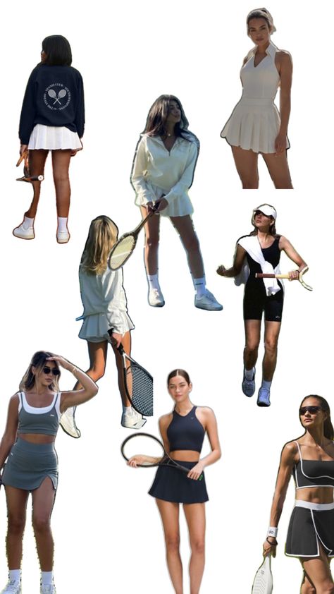 Blue tennis outfits, black tennis outfits and white tennis outfits. All matched with white shoes and cute hates to protect you from the sun while playing tennis. Squash Game, Cute Tennis Outfit, Tennis Outfit, Workout Outfit, Tennis Clothes, Wimbledon, Golf Outfit, What To Wear, Outfit Inspirations