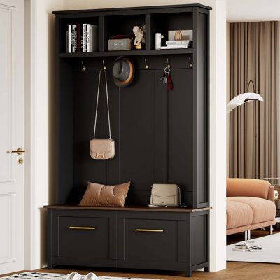 Farmhouse Wooden Style 78''H Modern Hall Tree with Wide Storage Seating Bench, Entryway Shoe Cabinet with 13 Compartments, Elegant Coat Rack with 6 Hooks for Mudroom, Living room, Black Color: Black | Lark Manor™ Hall Tree in Black | 76.60" H X 47.20" W X 15.50" D | Wayfair Organizing Shoes, Storage Entryway, Shoe Cabinet Entryway, Entryway Coat Rack, Shoe Cabinets, Entryway Cabinet, Studio Color, Bench Designs, Hall Tree