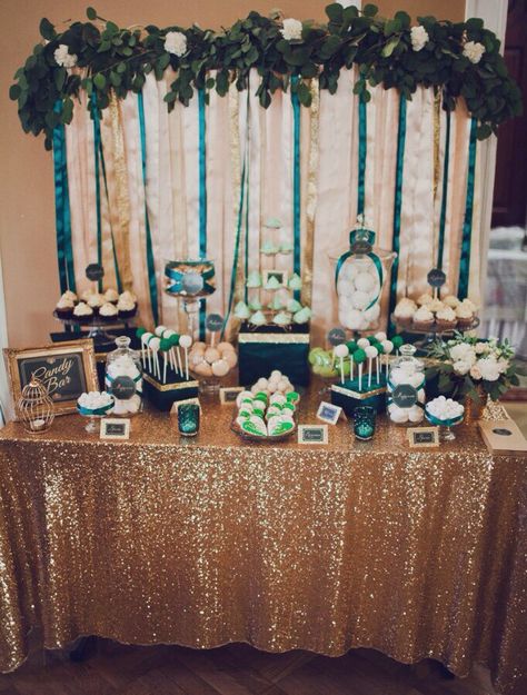 Emerald Green Snack Table, Emerald Green And Gold Candy Table, Candy Table Ideas For Quinceanera Emerald Green, Emerald And Gold Dessert Table, Emerald Dessert Table, Emerald Green Candy Table, Emerald Green Quince Dessert Table, Emerald And Gold Party, Emerald Green And Gold Sweet 16