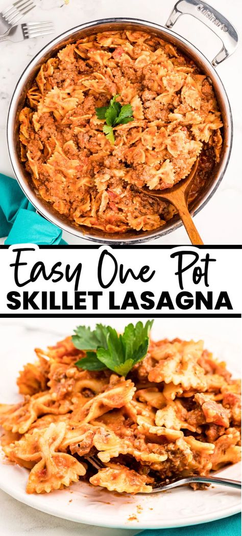 Bowtie Skillet Lasagna, Easy Lasagna Skillet, Lasagna Bowtie Pasta, Lasagna With Bow Tie Pasta, Ground Beef Lasagna Recipe Easy, Meals With Bowtie Pasta, Dinner Ideas Stovetop Meals, Cheap Stove Top Dinner Ideas, Skillet Pasta Recipes Ground Beef