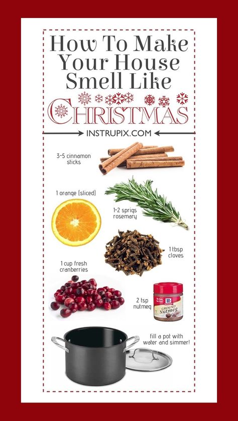 The best way to make your house smell like the holidays! So much cheaper than blowing through a bunch of candles. Simply boil herbs, plants, spices and extracts in a pot of boiling water. You can make anything from Christmas and Fall to even Spring and Summer Scents. For Christmas use cinnamon sticks, rosemary, cloves, oranges and cranberries. Your house will smell amazing! You can also do this in a crockpot and just let it simmer all day. This is perfect for family gatherings and parties. Stovetop Potpourri Recipes, House Smell Like Christmas, معطر جو, Make Your House Smell Amazing, Smell Like Christmas, Homemade Potpourri, Simmer Pot Recipes, Stove Top Potpourri, Potpourri Recipes