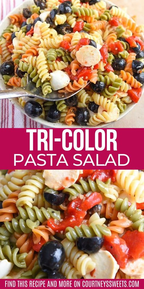 Diy Pasta Salad, Color Pasta Salad, Rainbow Pasta Salad, Tri Color Pasta Salad, Rotini Pasta Recipes, Rotini Pasta Salad, Easy Italian Pasta Salad, Tri Color Pasta, Rainbow Pasta