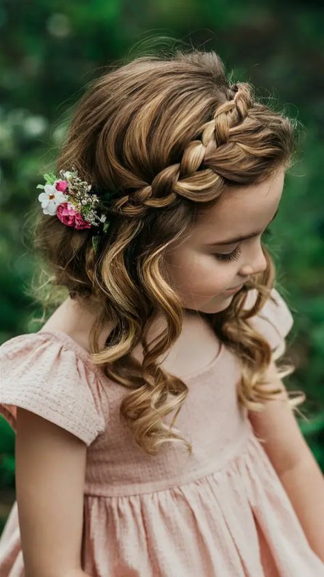 Trendy Braid Hairstyles for Kids 2025: Cute, Easy, and Creative Styles to Try Girls Flower Girl Hair, Girls Hair Styles For Weddings, Wedding Hair For Flower Girl, Flower Girl Hairstyles Braid, Kid Wedding Hair, Girl Wedding Hairstyles Kids, Cute Birthday Hairstyles For Kids, Wedding Flower Girl Hairstyles, Girls Formal Hairstyles Kids