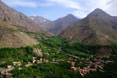 Imlil Valley and the surrounding Atlas mountains as viewed from a day hike to the tower in Imlil Morocco Morocco Tours, Mountain Waterfall, Ancient Village, Desert Tour, Visit Morocco, Morocco Travel, Illustration Style, The Atlas, Adventure Tours