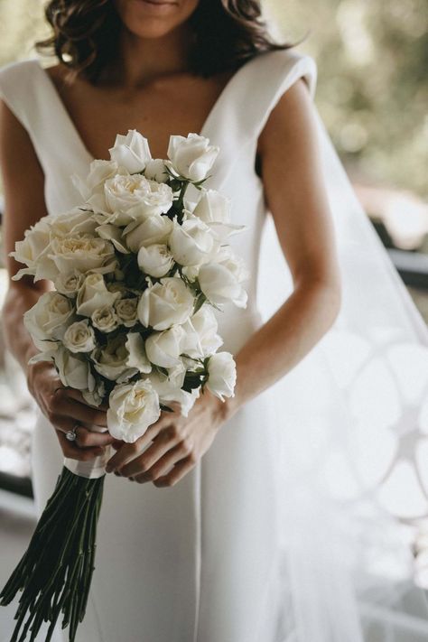 Wedding Bouquets Long, Long Stem Bouquet, White Rose Wedding Bouquet, White Rose Bouquet, White Roses Wedding, Flowers And Greenery, Melbourne Wedding, Sophisticated Wedding, Vineyard Wedding